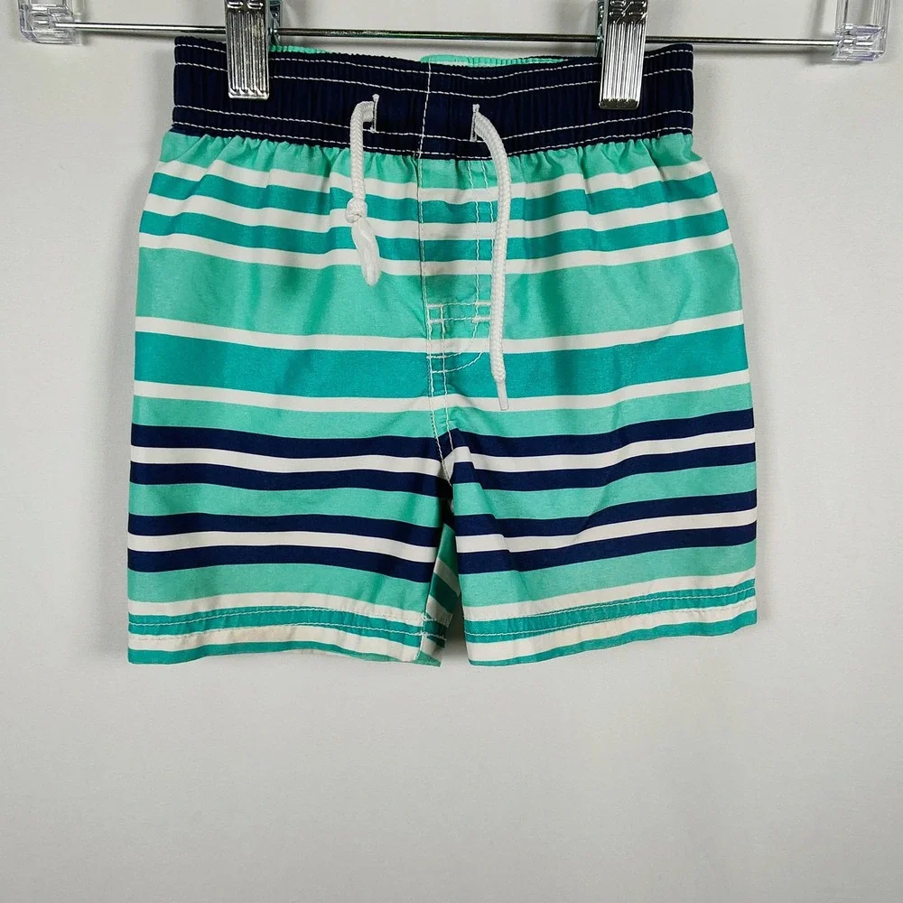 Old Navy Boys Teal Navy Striped Swim Trunks Mesh Lining 12-18 Months